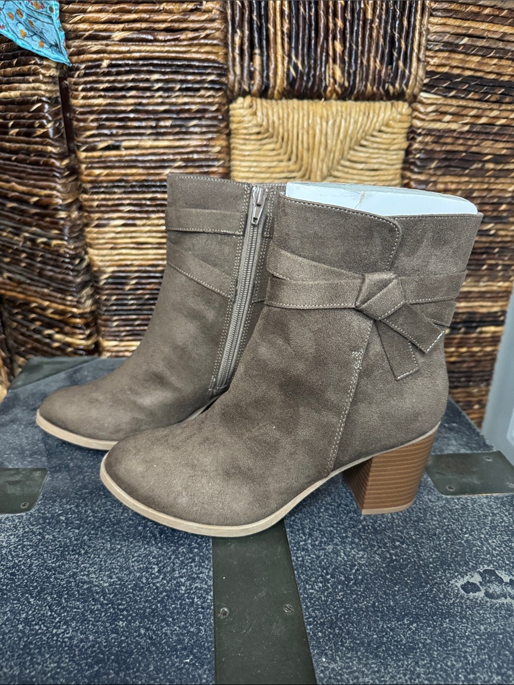 American Eagle Outfitters Taupe Suede Ankle Boots with Side Bow Accent